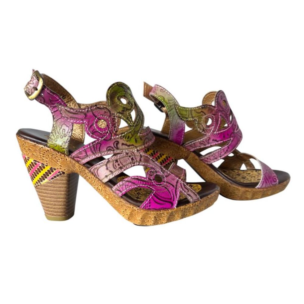 SOCOFY Leather Boho Platform Sandals Pink Floral Tooled Heels Sz 6/36 Artsy Chic